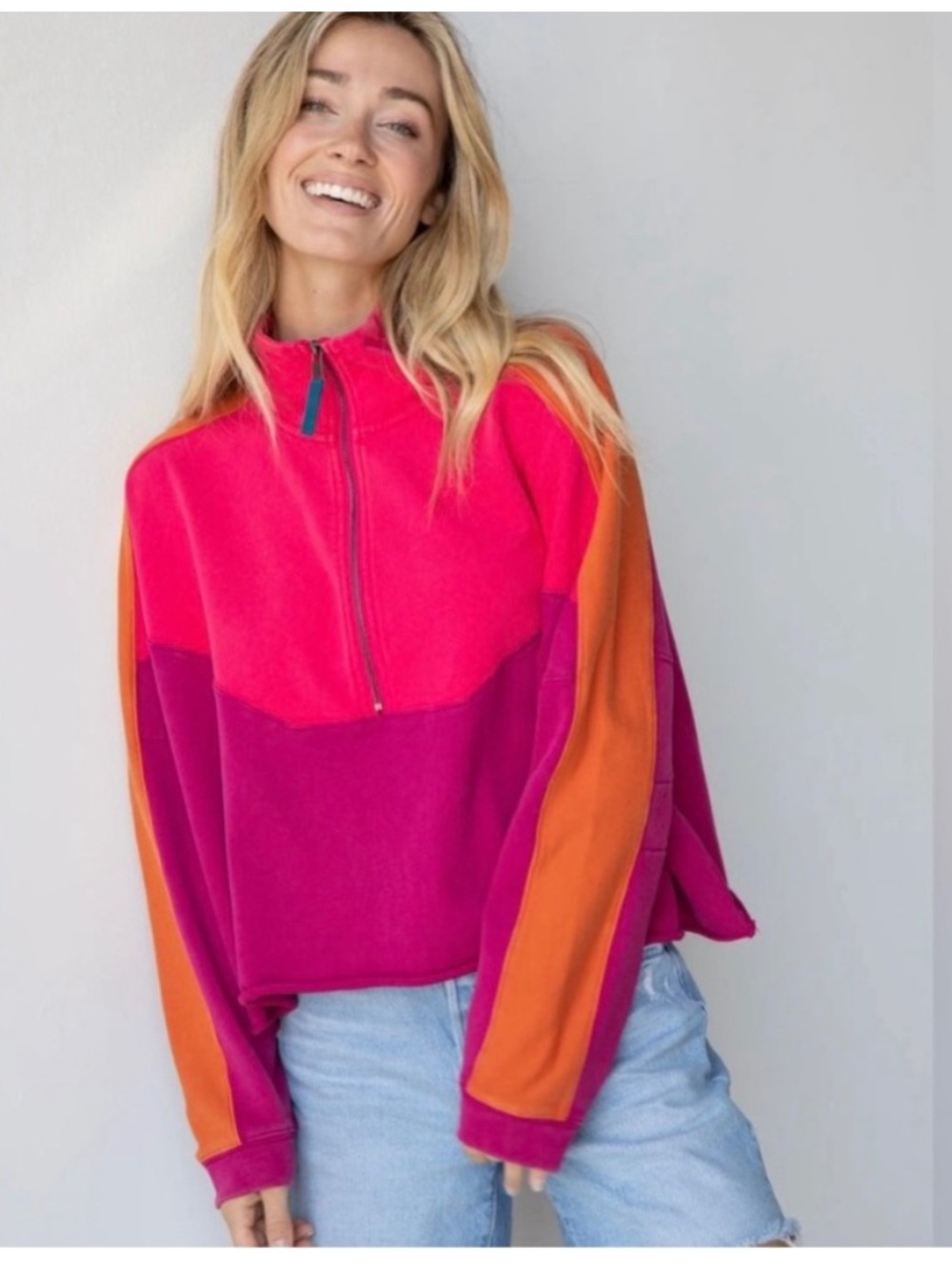 Natural Life Jess Colorblock 1/4 Zip Cotton Pullover Hot Pink XL - Picture 2 of 9